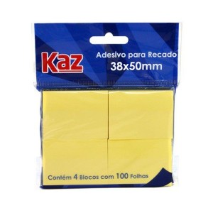 Bloco Adesivo 38X50mm Amarelo C/4BL C/100FLS KAZ