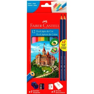 LAPIS DE COR 12 CORES SEXTAVADO + 2 LAPIS PRETO + BORRACHA + APONPONTADOR FABER CASTELL