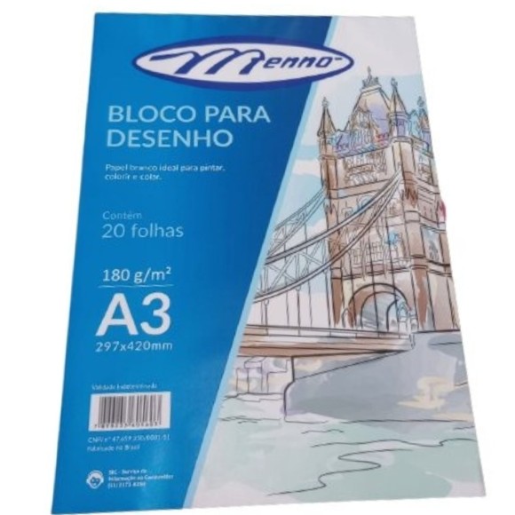 Bloco Para Desenho A3 Branco 180gr Com 20 Folhas MENNO