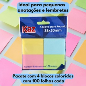 Bloco Adesivo 38X50mm Cores Pastel C/4BL C/100FLS KAZ