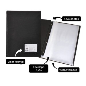 Pasta Catalogo Portfolio OF 100 Envelospes 0,06 Fino Preta Com Visor Com Colchete Ref.130 ACP