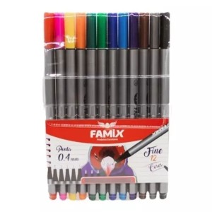 Caneta hidrográfica 0.4mm Kit Com 12 Cores Fine - FAMIX