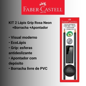 KIT 2 Lápis Grip Preto +Borracha +Apontador - FABER CASTELL