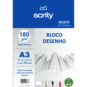 Bloco Para Desenho A3 Branco 180gr Com 20 Folhas SCRITY