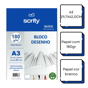 Bloco Para Desenho A3 Branco 180gr Com 20 Folhas SCRITY